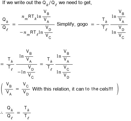 Writing out Q_h/Q_l: n_m R T_h ln(V_B/V_A) over −n_m R T_l ln(V_D/V_C), which simplifies to (T_h/T_l) ln(V_B/V_A)/ln(V_C/V_D); with V_B/V_A = V_C/V_D the logs cancel, so Q_h/Q_l = T_h/T_l
