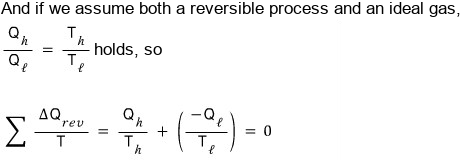 With the reversible process and ideal gas assumptions together, Q_h/Q_l = T_h/T_l, so the sum of ΔQ_rev/T = Q_h/T_h + (−Q_l/T_l) = 0