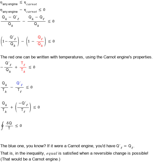 Proof: eta_engine ≤ eta_carnot leads, step by step, to Q_h/T_h + (−Q&rsquo;_l/T_l) ≤ 0, that is the integral over the cycle of δQ/T ≤ 0; equality holds when Q&rsquo;_l = Q_l, the reversible (Carnot) case