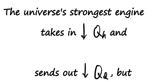 Handwritten note: the universe&rsquo;s strongest engine takes in Q_h and sends out Q_l