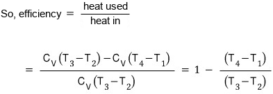 So efficiency = heat used over heat in = (C_V(T_3 โ T_2) โ C_V(T_4 โ T_1))/(C_V(T_3 โ T_2)) = 1 โ (T_4 โ T_1)/(T_3 โ T_2)
