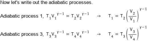 Now the adiabatic processes: process 1 gives T_1 V_1^(ฮณโ1) = T_2 V_2^(ฮณโ1), so T_1 = T_2 (V_2/V_1)^(ฮณโ1); process 3 gives T_3 V_3^(ฮณโ1) = T_4 V_4^(ฮณโ1), so T_4 = T_3 (V_3/V_4)^(ฮณโ1)