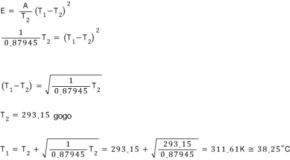At full input: E = (A/T_2)(T_1 โ T_2)^2, so (1/0.87945)T_2 = (T_1 โ T_2)^2 and T_1 โ T_2 = โ(T_2/0.87945); T_2 = 293.15 gogo; so T_1 = T_2 + โ(T_2/0.87945) = 293.15 + โ(293.15/0.87945) = 311.61 K โ
38.25 ยฐC (the arithmetic gives 311.41 K, that is 38.26 ยฐC)