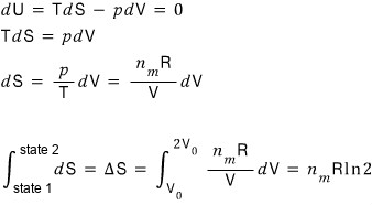 Free expansion in equations: dU = TdS − pdV = 0, so TdS = pdV and dS = (p/T)dV = (n_m R/V)dV; integrating from state 1 to state 2 (volume V_0 to 2V_0) gives ΔS = n_m R ln 2