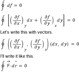Around a closed loop โฎdf = 0, that is โฎ((โf/โx)_y dx + (โf/โy)_x dy) = 0. Let’s write this with vectors: โฎ((โf/โx)_y, (โf/โy)_x)ยท(dx, dy) = 0. I’ll write it like this: โฎFยทdr = 0