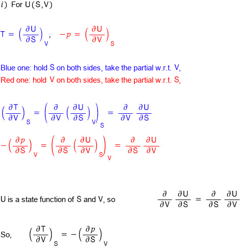Relation i), for U(S,V): T = (โU/โS)_V and โp = (โU/โV)_S. Blue one: hold S on both sides, take the partial w.r.t. V; red one: hold V on both sides, take the partial w.r.t. S. U is a state function of S and V, so โ/โV โU/โS = โ/โS โU/โV, and so (โT/โV)_S = โ(โp/โS)_V