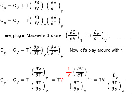 So C_p = C_V + T(∂S/∂V)_T(∂V/∂T)_p and C_p − C_V = T(∂S/∂V)_T(∂V/∂T)_p; plugging in Maxwell&rsquo;s 3rd relation, (∂S/∂V)_T = (∂p/∂T)_V, gives C_p − C_V = T(∂p/∂T)_V(∂V/∂T)_p; now let&rsquo;s play around with it: C_p − C_V = T(∂V/∂T)_p/(∂T/∂p)_V = TV(1/V)(∂V/∂T)_p/(∂T/∂p)_V = TVβ_p/(∂T/∂p)_V