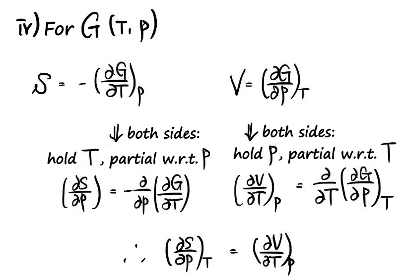 Relation iv), for G(T,p): S = −(∂G/∂T)_p and V = (∂G/∂p)_T. Hold T, partial w.r.t. p gives (∂S/∂p)_T = −∂/∂p(∂G/∂T); hold p, partial w.r.t. T gives (∂V/∂T)_p = ∂/∂T(∂G/∂p); so −(∂S/∂p)_T = (∂V/∂T)_p