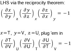LHS via the reciprocity theorem: (∂x/∂y)_z (∂y/∂z)_x (∂z/∂x)_y = −1; plug in x = T, y = V, z = U: (∂T/∂V)_U (∂V/∂U)_T (∂U/∂T)_V = −1
