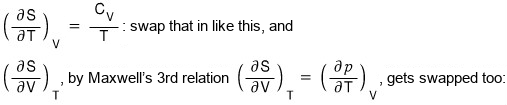 Swap in (∂S/∂T)_V = C_V/T, and swap (∂S/∂V)_T using Maxwell&rsquo;s 3rd relation (∂S/∂V)_T = (∂p/∂T)_V