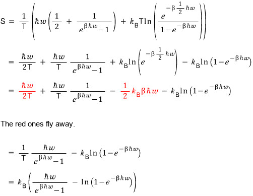 S = (U − F)/T worked out for the oscillator; the red terms ħω/(2T) and −(1/2)k_Bβħω cancel and fly away