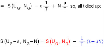 The expansion tidied up: S(U_G, N_G) − ε/T + Nμ/T, so S(U_G − ε, N_G − N) = S(U_G, N_G) in red − (1/T)(ε − μN) in blue