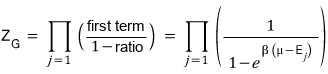 Bosons: Z_G = Π_j (first term/(1 − ratio)) = Π_j 1/(1 − e^(β(μ−E_j)))