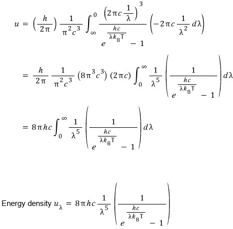 Substituting: u = (h/2π)(1/π²c³) ∫ from ∞ to 0 of (2πc/λ)³/(e^(hc/λk_BT) − 1) (−2πc/λ² dλ) = 8πhc ∫₀^∞ (1/λ⁵) 1/(e^(hc/λk_BT) − 1) dλ, so the energy density is u_λ = 8πhc (1/λ⁵) 1/(e^(hc/λk_BT) − 1)