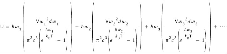 Rewritten: U = ħw₁ · V w₁² dw₁/(π²c³(e^(ħw₁/k_BT) − 1)) + ħw₂ · V w₂² dw₂/(π²c³(e^(ħw₂/k_BT) − 1)) + ħw₃ · V w₃² dw₃/(π²c³(e^(ħw₃/k_BT) − 1)) + ⋯
