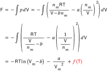 Integrating the van der Waals pressure term by term: F = −∫p dV, with an unknown f(T) in red