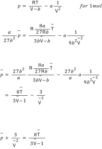 The van der Waals equation for 1 mol in reduced variables, ending in p̃ + 3/Ṽ² = 8T̃/(3Ṽ − 1)