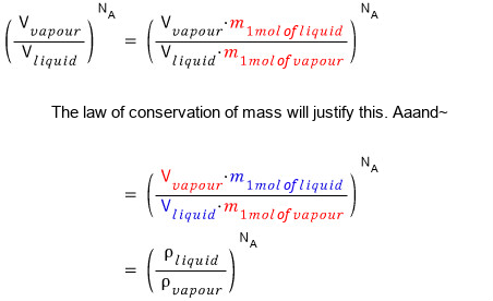 Multiplying by the masses of 1 mol of liquid and 1 mol of vapour (equal, by conservation of mass) turns (V_vapour/V_liquid)^(N_A) into (ρ_liquid/ρ_vapour)^(N_A)