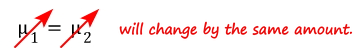 The note μ₁ = μ₂ with an arrow through each μ: they will change by the same amount