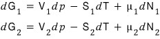 For each phase: dG₁ = V₁dp − S₁dT + μ₁dN₁ and dG₂ = V₂dp − S₂dT + μ₂dN₂