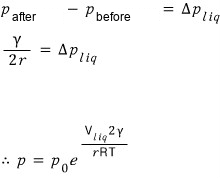 Pressure after minus before: p_after − p_before = Δp_liq, which gives Kelvin&rsquo;s formula p = p₀·e^(V_liq·2γ/(rRT))