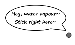 Speech bubble from a seeding particle: Hey, water vapour~ Stick right here~