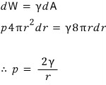 Putting it together: dW = γ dA becomes p·4πr² dr = γ·8πr dr, so p = 2γ/r