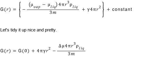 Integrating: G(r) = G(0) + 4πγr² − Δμ 4πr³ρ_liq/(3m), after tidying up