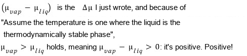 Why Δμ = μ_vap − μ_liq is positive: the liquid is the stable phase, so μ_vap is bigger than μ_liq