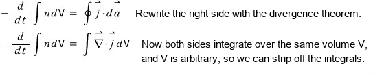 Particle conservation: −d/dt ∫n dV = ∮ j·da, and the divergence theorem turns the right side into ∫ ∇·j dV