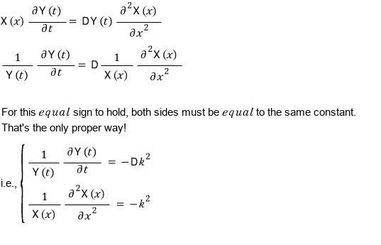 Dividing by X(x)Y(t), each side must equal the same constant: (1/Y) ∂Y/∂t = −Dk² and (1/X) ∂²X/∂x² = −k²