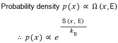 The probability density p(x) ∝ Ω(x, E), so p(x) ∝ e^(S(x, E)/k_B)