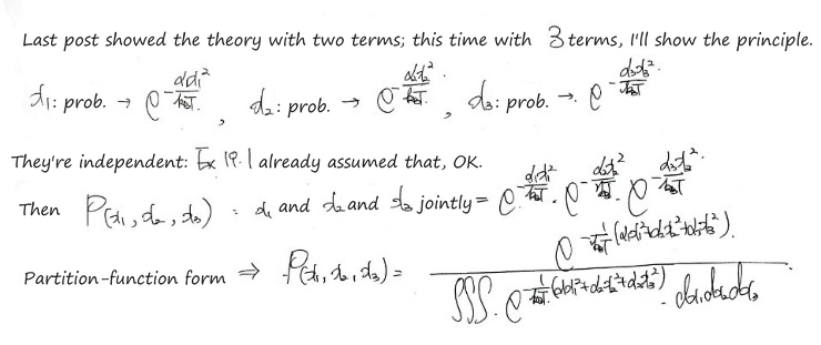 Three quadratic terms: the probability of each x_i goes as e^(−α_i x_i²/k_BT); they are independent, so P(x₁, x₂, x₃) is the product e^(−(α₁x₁² + α₂x₂² + α₃x₃²)/k_BT) divided by its triple integral