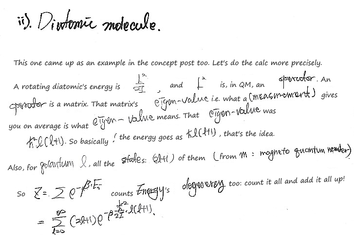 Diatomic molecule, part ii): the rotational energy is L²/2I, the eigenvalue of L² is ħ²l(l+1) and each l has 2l + 1 states, so Z = Σ over l from 0 to ∞ of (2l + 1) e^(−βħ²l(l+1)/2I)
