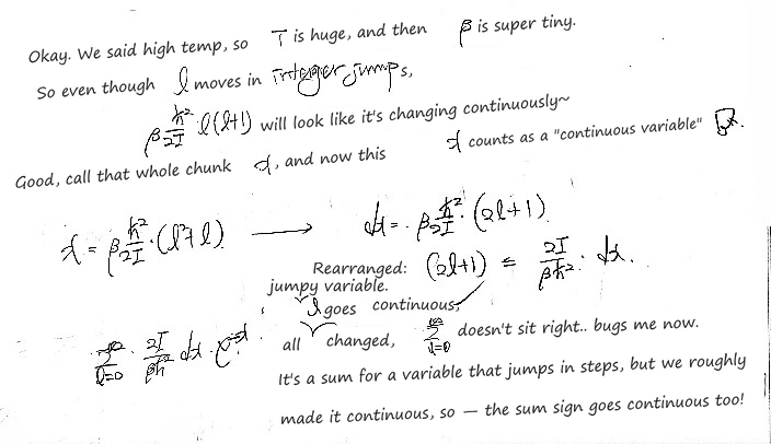 At high temperature β is tiny, so x = βħ²l(l+1)/2I changes almost continuously: dx = β(ħ²/2I)(2l + 1), so (2l + 1) ≈ (2I/βħ²) dx and the sum over l turns into an integral over x