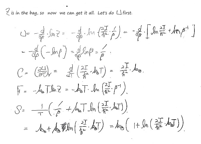 Rotor results from Z = (2I/ħ²)(1/β): U = −d lnZ/dβ = 1/β = k_BT, the heat capacity C = (∂U/∂T)_V, F = −k_BT ln((2I/ħ²)k_BT) and S = (U − F)/T = k_B(1 + ln((2I/ħ²)k_BT))
