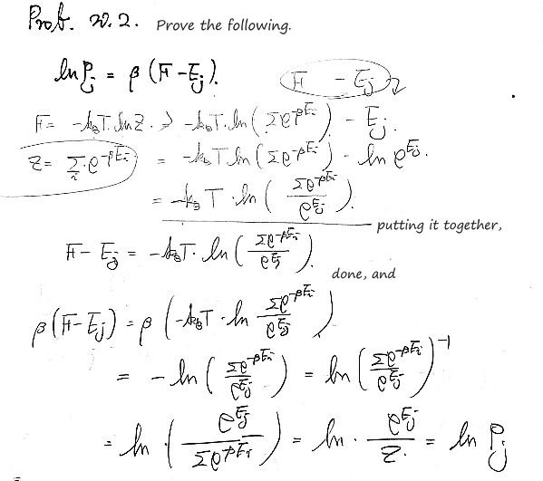 Prob 20.2: prove ln P_j = β(F − E_j), from F = −k_BT lnZ with Z = Σ e^(−βE_i) to ln P_j with P_j = e^(−βE_j)/Z