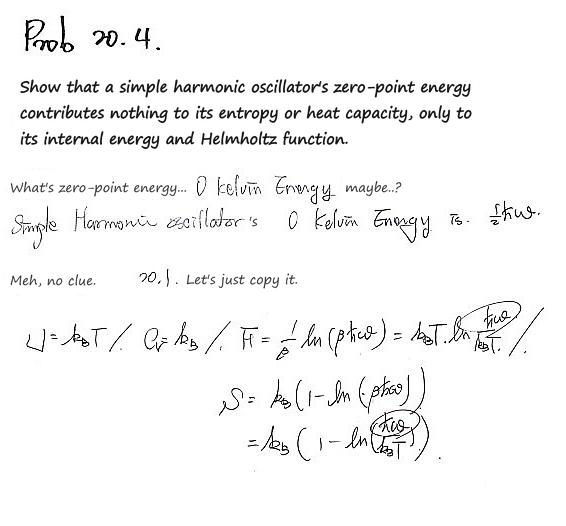 Prob 20.4: show that a simple harmonic oscillator&rsquo;s zero-point energy adds nothing to its entropy or heat capacity, only to its internal energy and Helmholtz function; the sheet copies the high-temperature results of 20.1, U = k_BT, C_V = k_B, F = k_BT ln(ħω/k_BT), S = k_B(1 − ln(βħω))