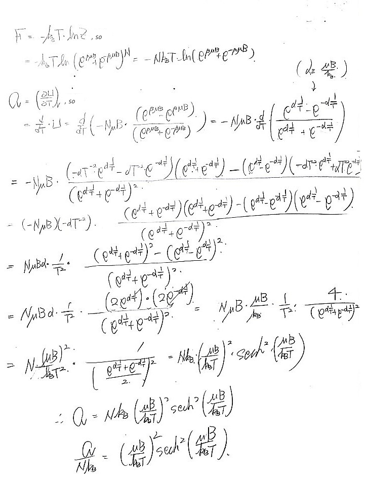 F = −k_BT lnZ = −Nk_BT ln(e^(βμB) + e^(−βμB)), and C_V = (∂U/∂T)_V worked out with α = μB/k_B: C = Nk_B(μB/k_BT)² sech²(μB/k_BT)