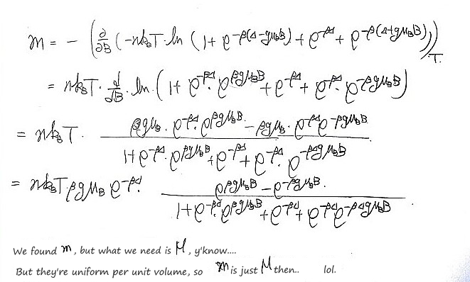 The magnetization worked out: −∂F/∂B = n gμ_B e^(−βΔ)(e^(βgμ_BB) − e^(−βgμ_BB)) divided by 1 + e^(−βΔ)e^(βgμ_BB) + e^(−βΔ) + e^(−βΔ)e^(−βgμ_BB)