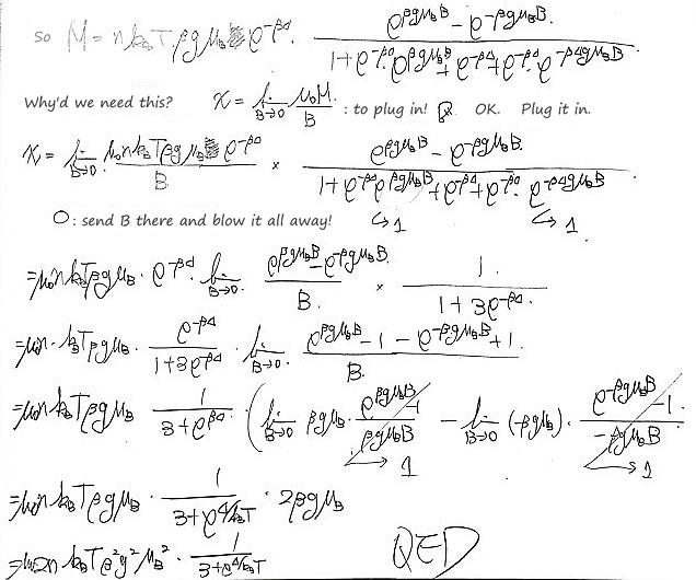 M put into χ = lim of μ₀M/B as B → 0: the exponentials go to 1 and the two limits give 2βgμ_B, so χ = 2nμ₀g²μ_B²/(k_BT(3 + e^(Δ/k_BT))), QED
