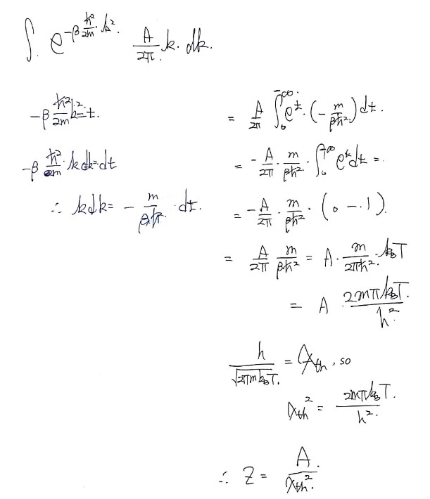 Doing the integral: with t = −βħ²k²/2m it gives Z₁ = (A/2π)(m/βħ²) = A·2πmk_BT/h² = A/λ_th²