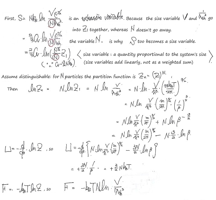Why the Sackur-Tetrode entropy is extensive (V goes into Z₁ while N stays, so the logarithm holds Z₁/N), then for distinguishable particles Z_N = Z₁^N, U = (3/2)Nk_BT and F = −Nk_BT ln(V/λ_th³)