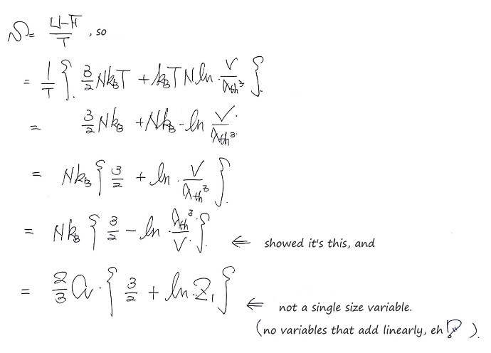 The entropy of distinguishable particles: S = (U − F)/T = Nk_B(3/2 + ln(V/λ_th³)) = (2/3)C_V(3/2 + ln Z₁), which is not extensive