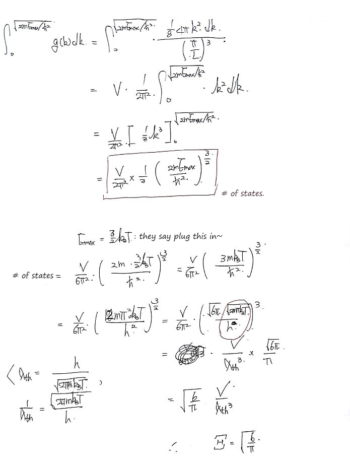 Counting the states: (V/2π²)(1/3)k_max³ = (V/6π²)(2mE_max/ħ²)^(3/2); with E_max = (3/2)k_BT this is √(6/π)·V/λ_th³, so ξ = √(6/π)