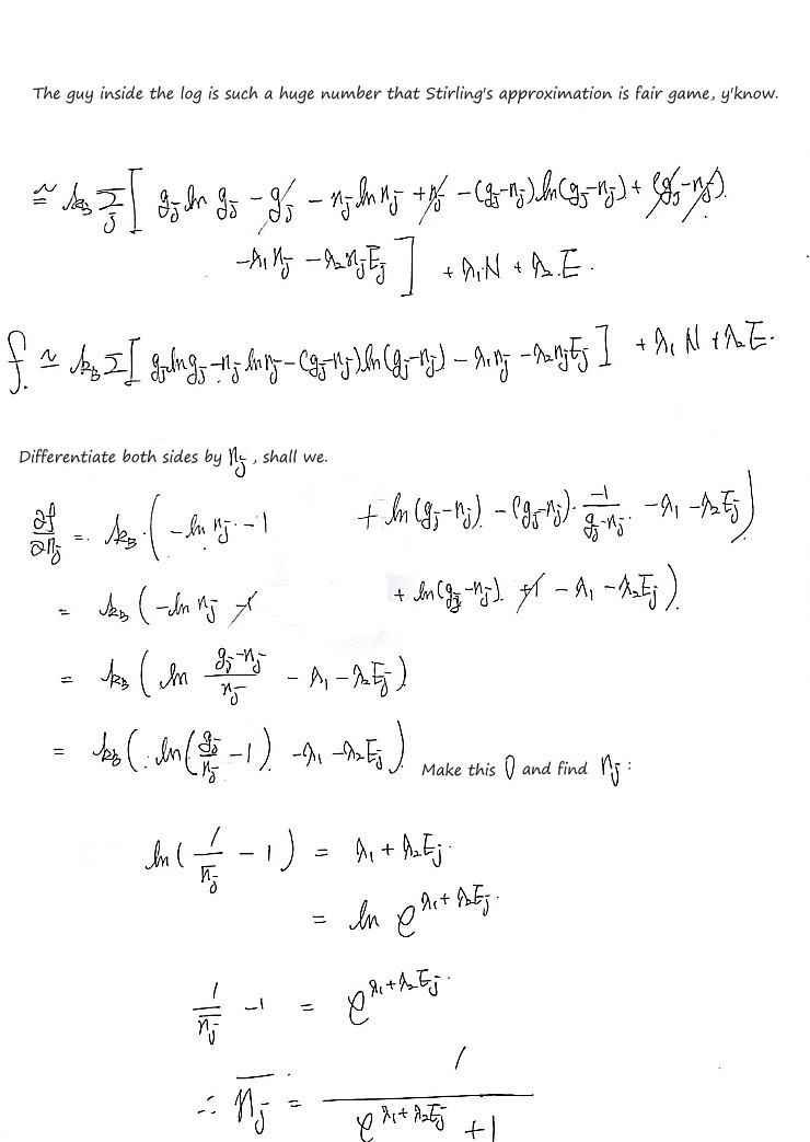 Stirling again, then ∂f/∂n_j = k_B(ln(g_j/n_j − 1) − λ₁ − λ₂E_j) = 0, so ln(1/n̄_j − 1) = λ₁ + λ₂E_j and n̄_j = 1/(e^(λ₁+λ₂E_j) + 1)
