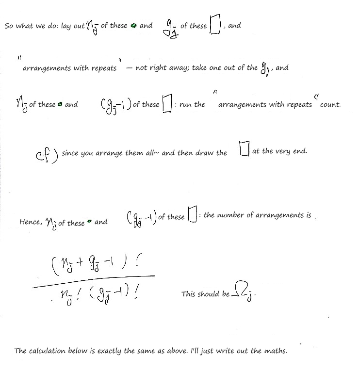 So n_j dots and g_j − 1 boxes in a row: (n_j + g_j − 1)!/(n_j!(g_j − 1)!) arrangements, which is Ω_j