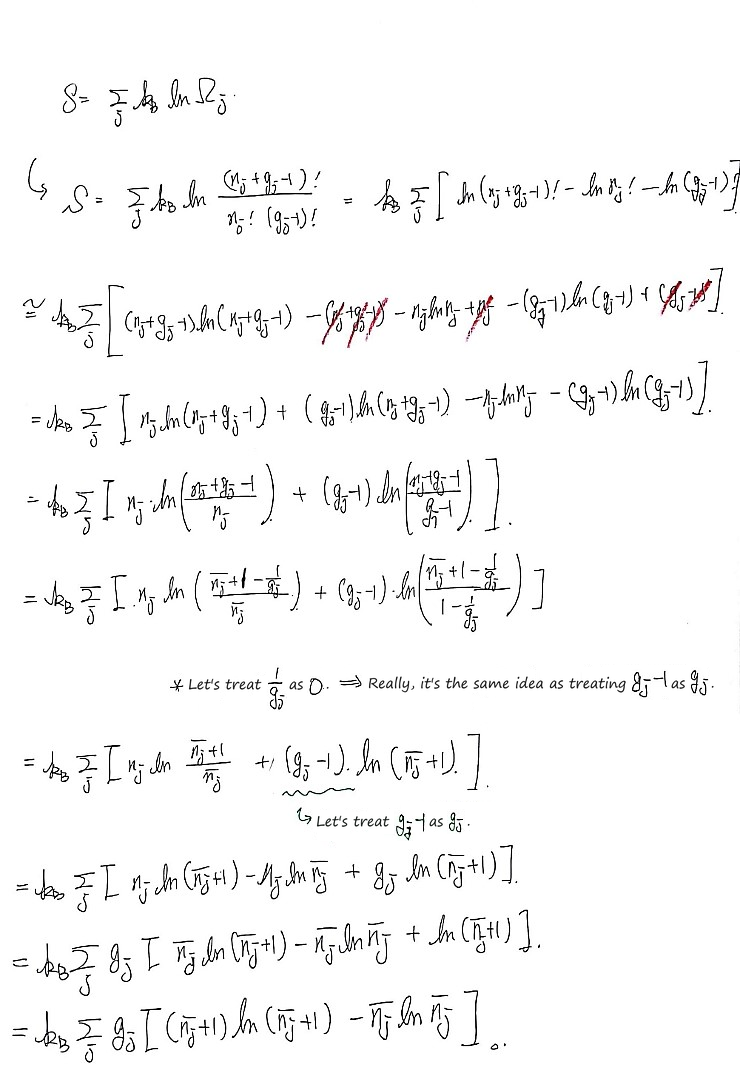 S = Σ_j k_B ln Ω_j with Stirling; with 1/g_j → 0 and g_j − 1 → g_j for large g_j, S = k_B Σ_j g_j((n̄_j + 1) ln(n̄_j + 1) − n̄_j ln n̄_j)