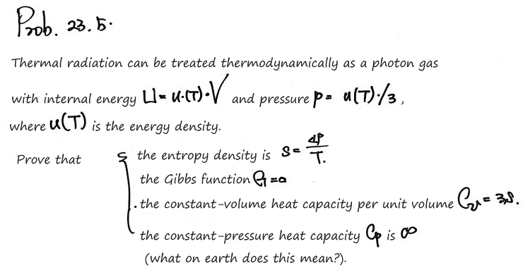 Prob 23.5: a photon gas with internal energy U = u(T)V and pressure p = u(T)/3; prove that the entropy density is s = 4p/T, that G = 0, that the heat capacity at constant volume is C_V = 3s per unit volume, and that C_p is infinite (what on earth does that mean?)