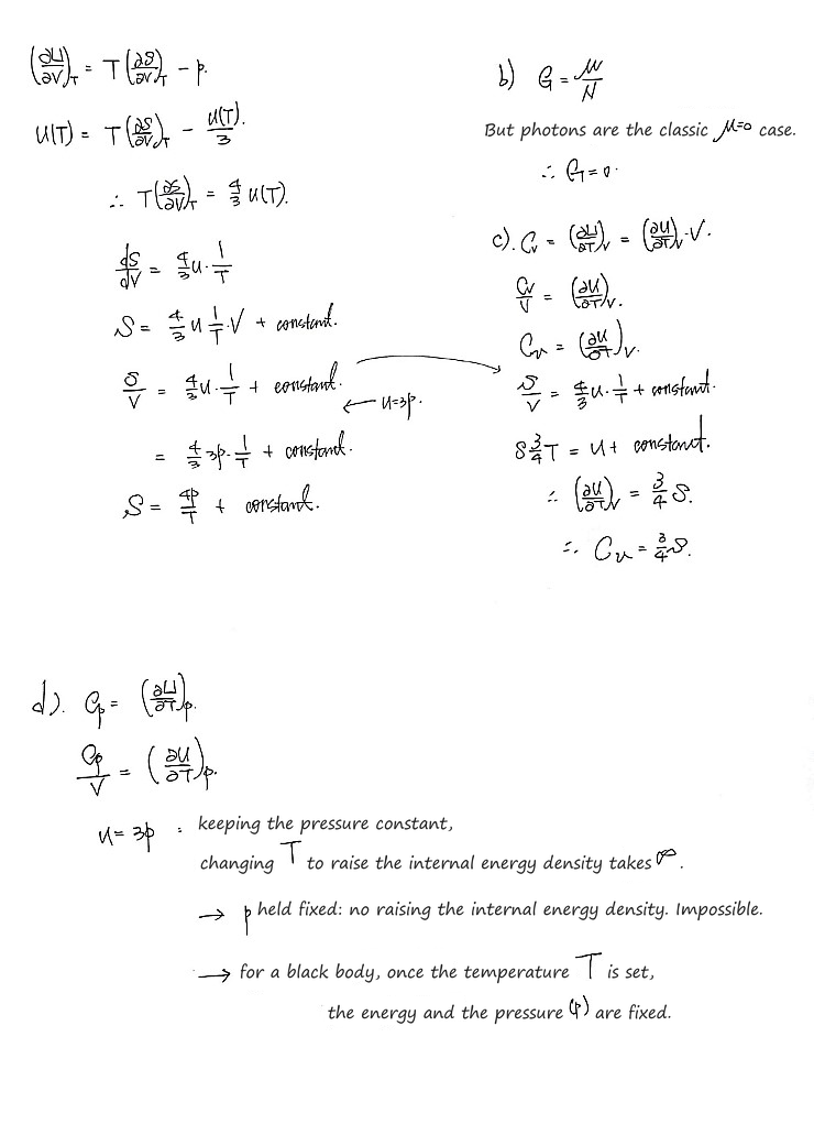 Working it out: (∂U/∂V)_T = T(∂S/∂V)_T − p gives Ts = 4u/3, so s = 4p/T; G = μN = 0 since photons have μ = 0; C_V per unit volume is du/dT = 3s; and at constant pressure T is fixed, so C_p is infinite